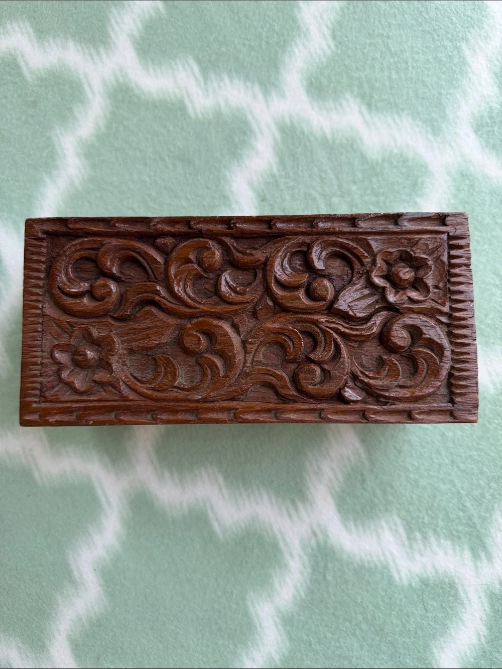 Hand-Carved Vintage Wooden Jewelry Box with Floral and Scrollwork - Brown